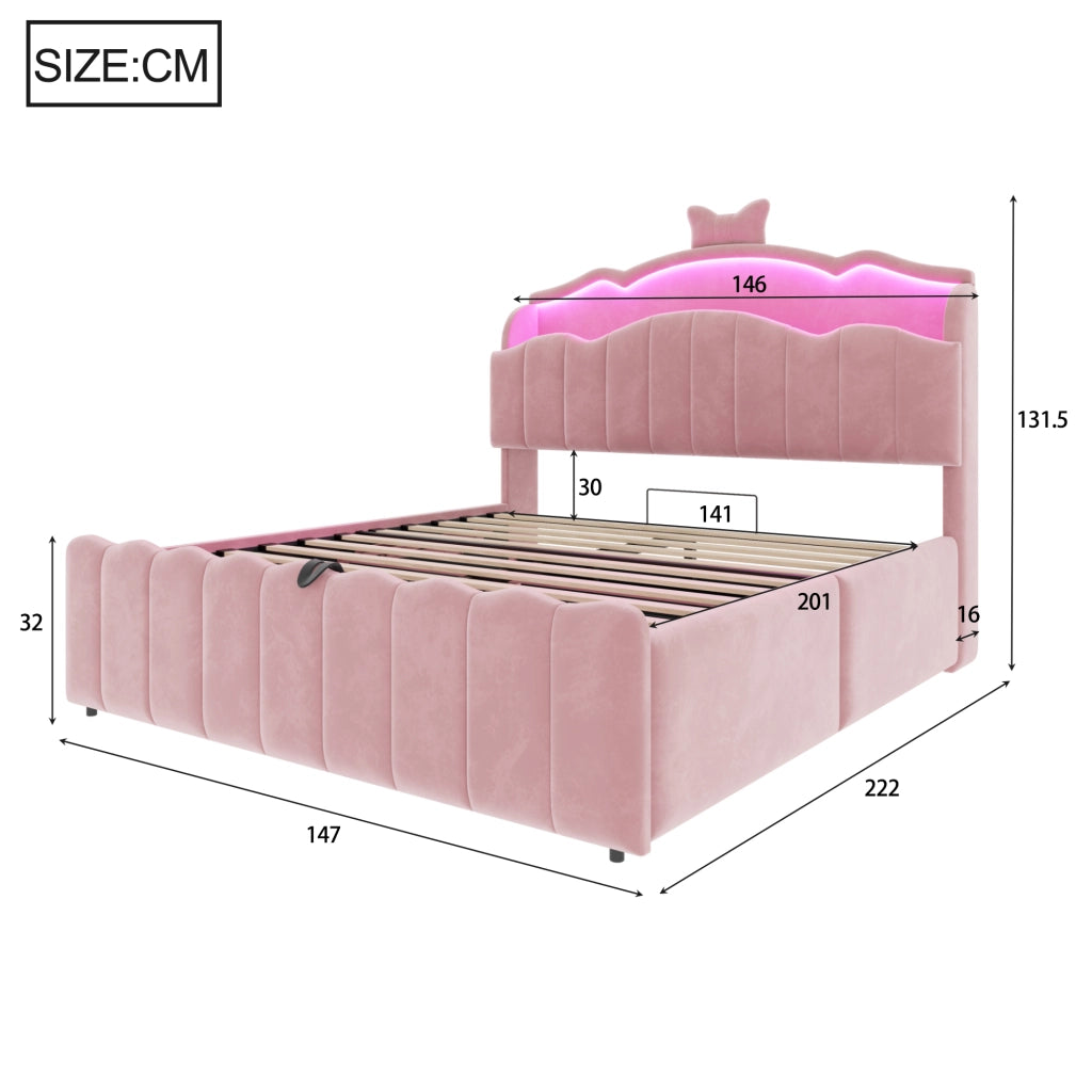 Letto per bambini 140 × 200 cm con contenitore idraulico, LED colorati, USB e USB-C, senza materasso, rosa