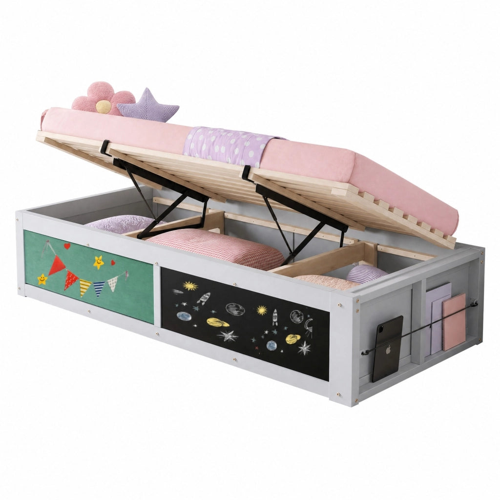 Letto bambini multifunzione 90x200 cm con contenitore idraulico; lavagna e pannello in feltro; grigio