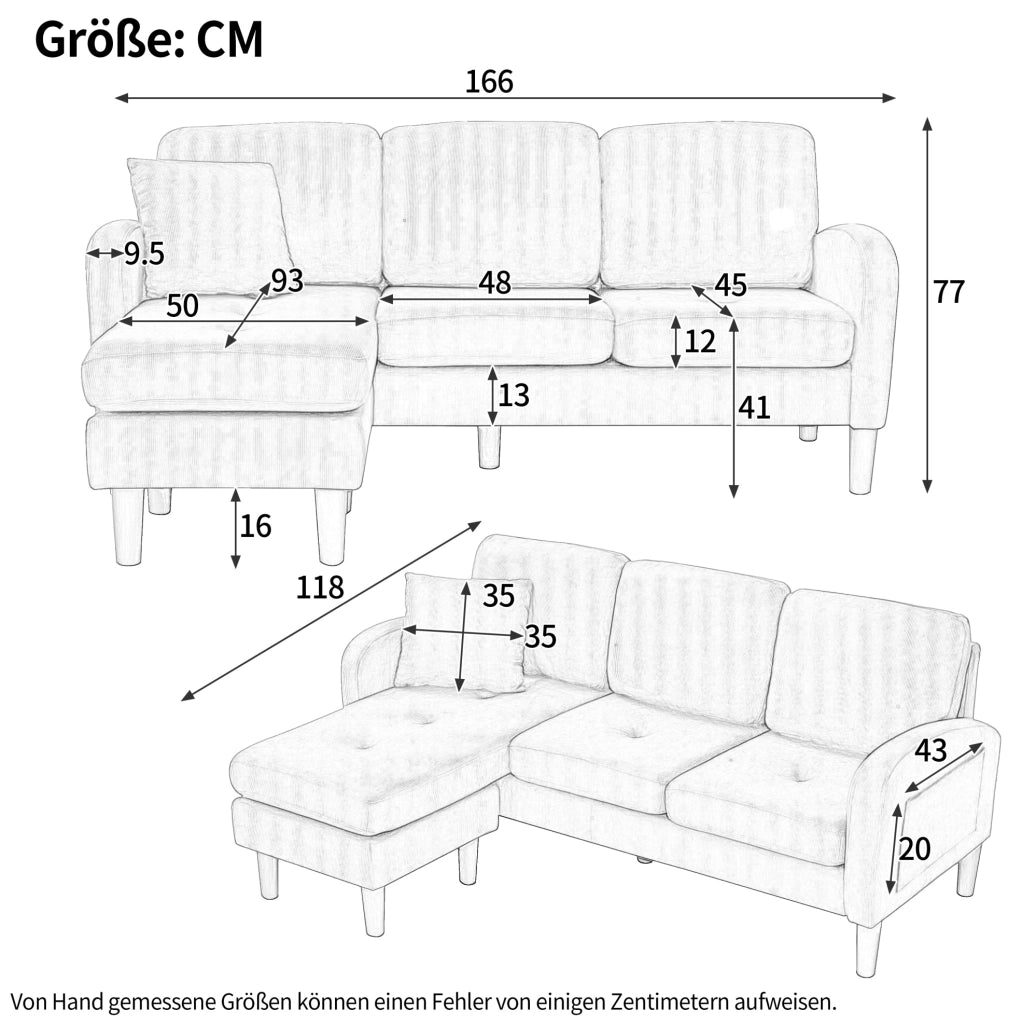 Divano angolare modulare con chaise longue 166 x 118 x 77 cm in tessuto cord verde