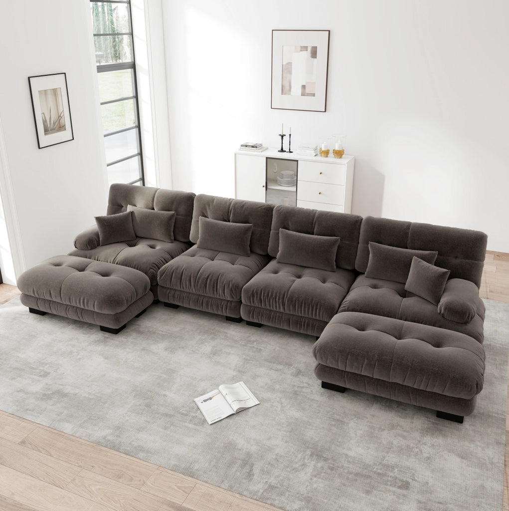 Divano modulare angolare a U 4 posti in chenille vintage marrone con pouf mobile