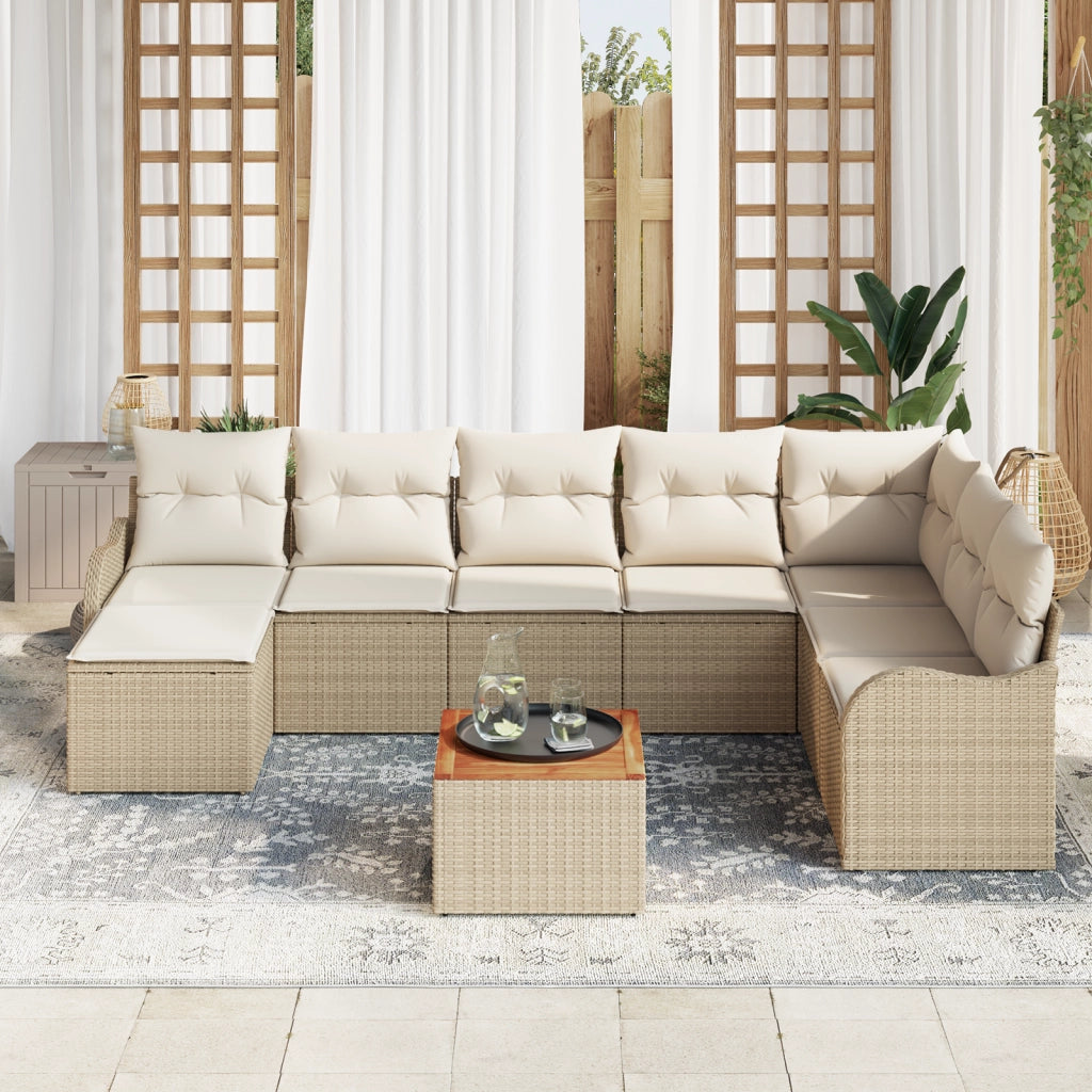 Set di Divano da Giardino a 9 Pezzi con Cuscini Beige Polyrattan Acacia