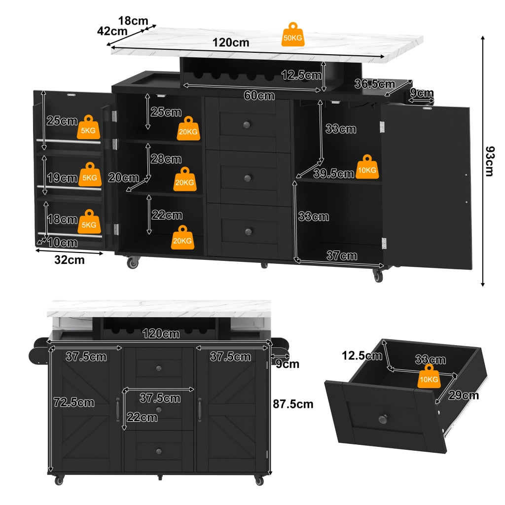 Carrello da Cucina con 2 Ante e 3 Cassetti; LED; Piano Ribaltabile; Portabicchieri e Portabottiglie; MDF