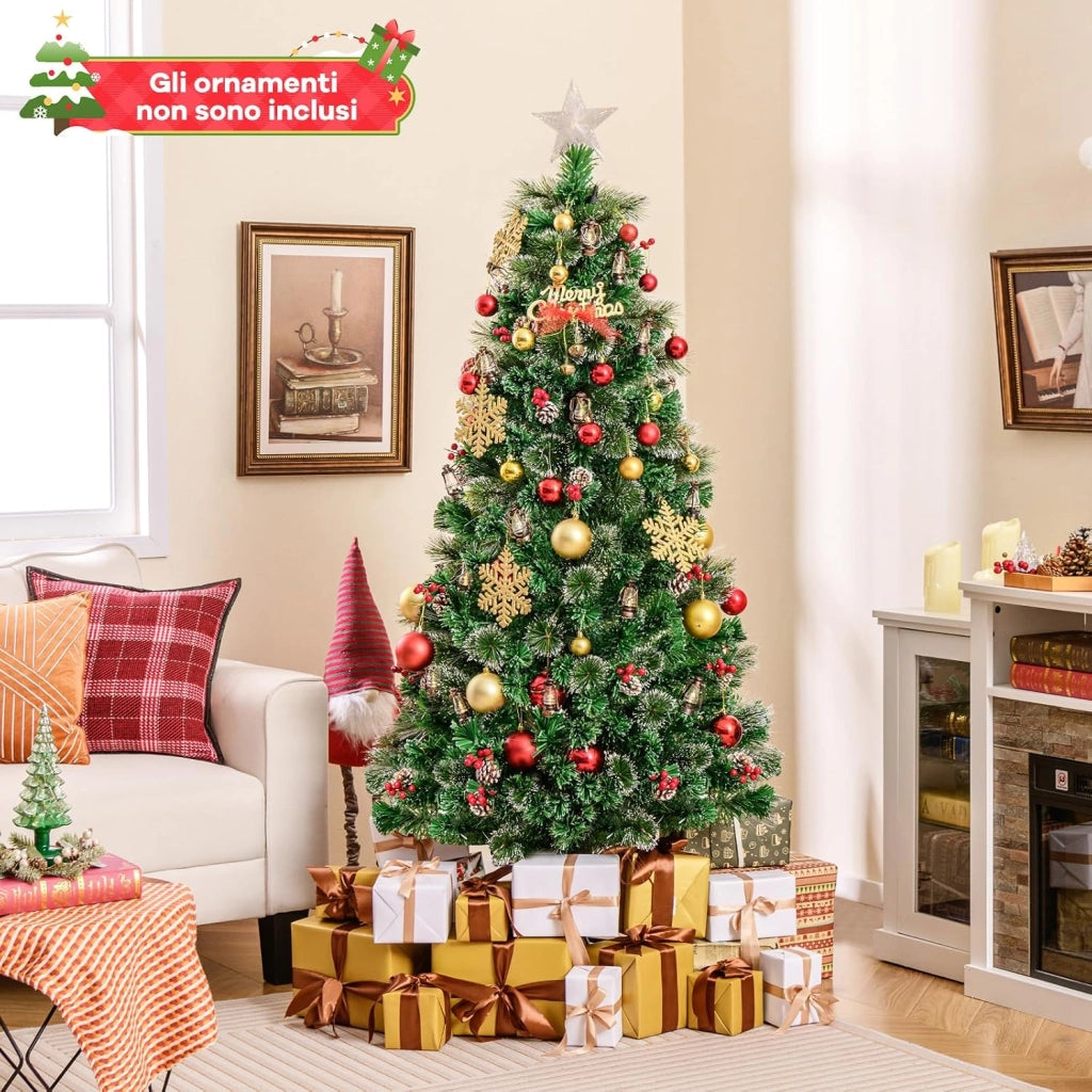 Albero di Natale 180CM, Albero di Natale con 64 Luci LED, Fibre Ottiche, 8 Modalità di Illuminazione e 220 Rami, Ago di Pino, Pigne, Bacche Rosse e Lampade a Paraffina (180 CM)