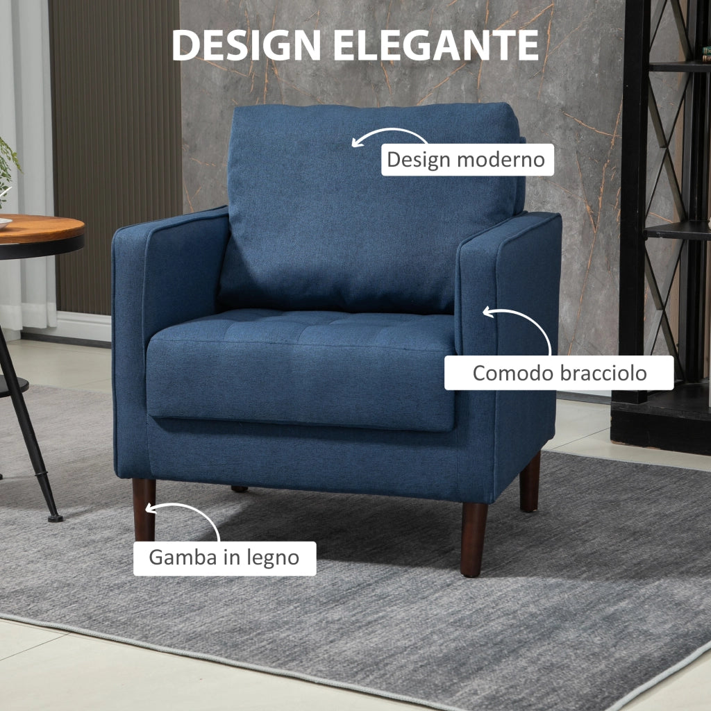 EasyComfort Poltrona Moderna in Tessuto Effetto Lino, Struttura in Legno e Imbottitura Spessa, 76x70x87cm, Blu