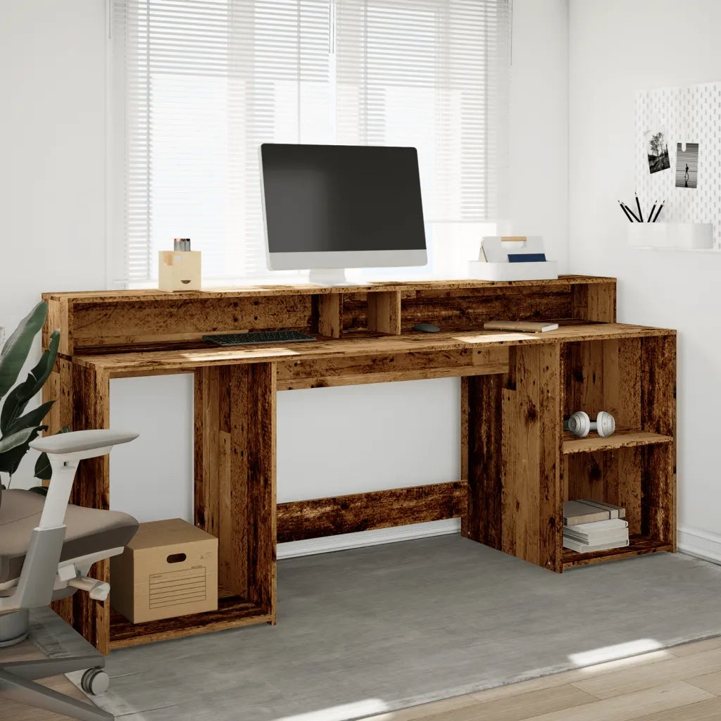 Scrivania | Tavolo da Ufficio con Luci LED Legno Antico 200x55x91 cm in Truciolato