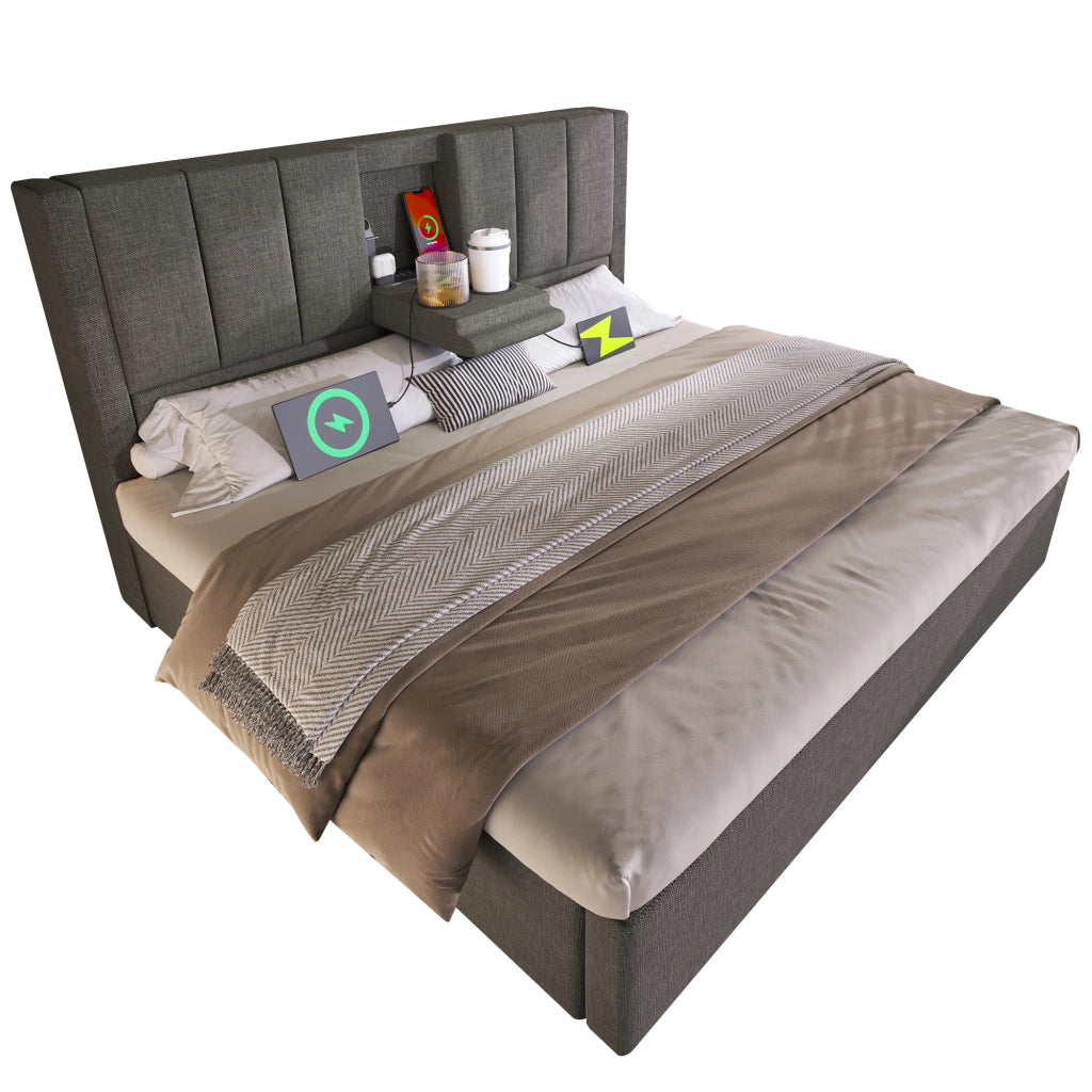 OKWISH Letto Contenitore 140×190 cm, Letto Matrimoniale con Stazione di Ricarica USB, Tipo C e Portabicchieri, senza Materasso, in Lino Grigio