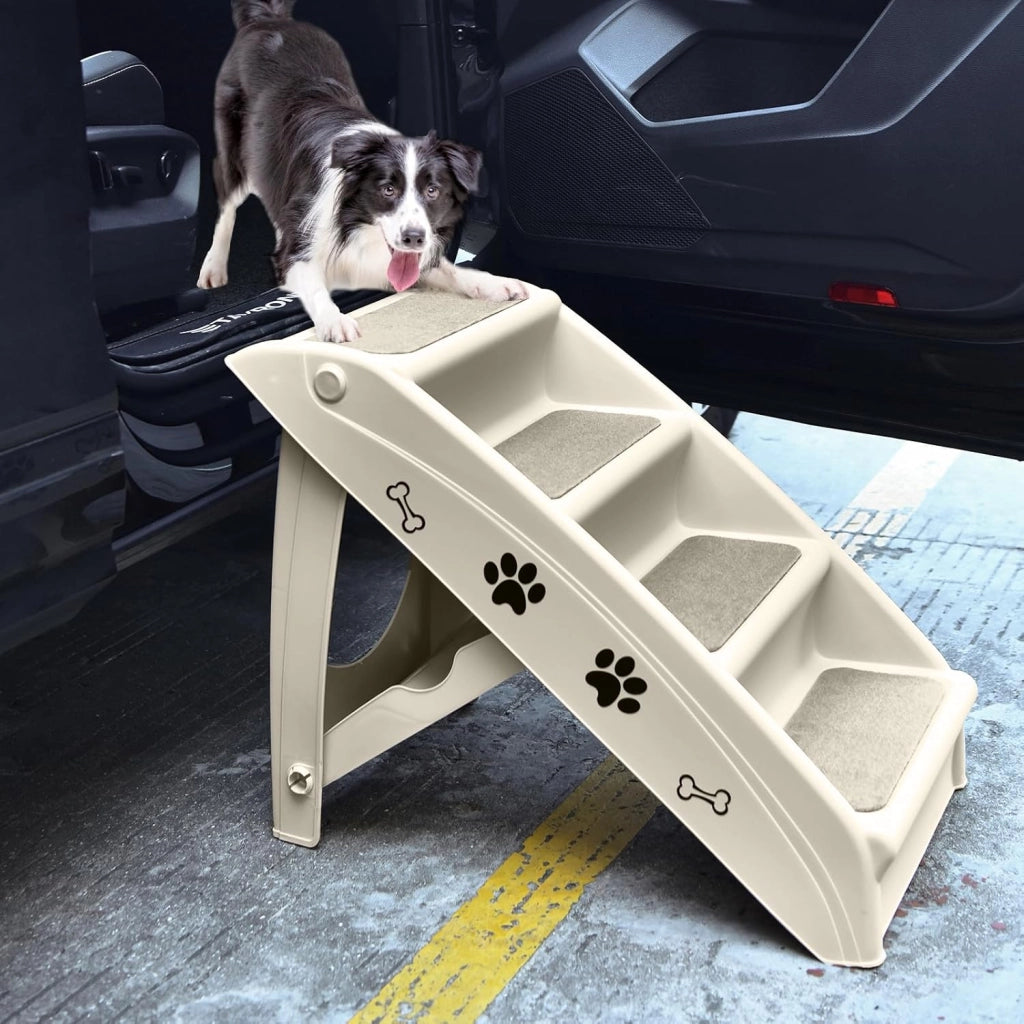 Scala per cani e gatti pieghevole, con tappetino in feltro, carico fino a 60 kg, rampa antiscivolo per cani e gatti per letto, auto, divano (beige, 65 x 55 x 50 cm, 4)