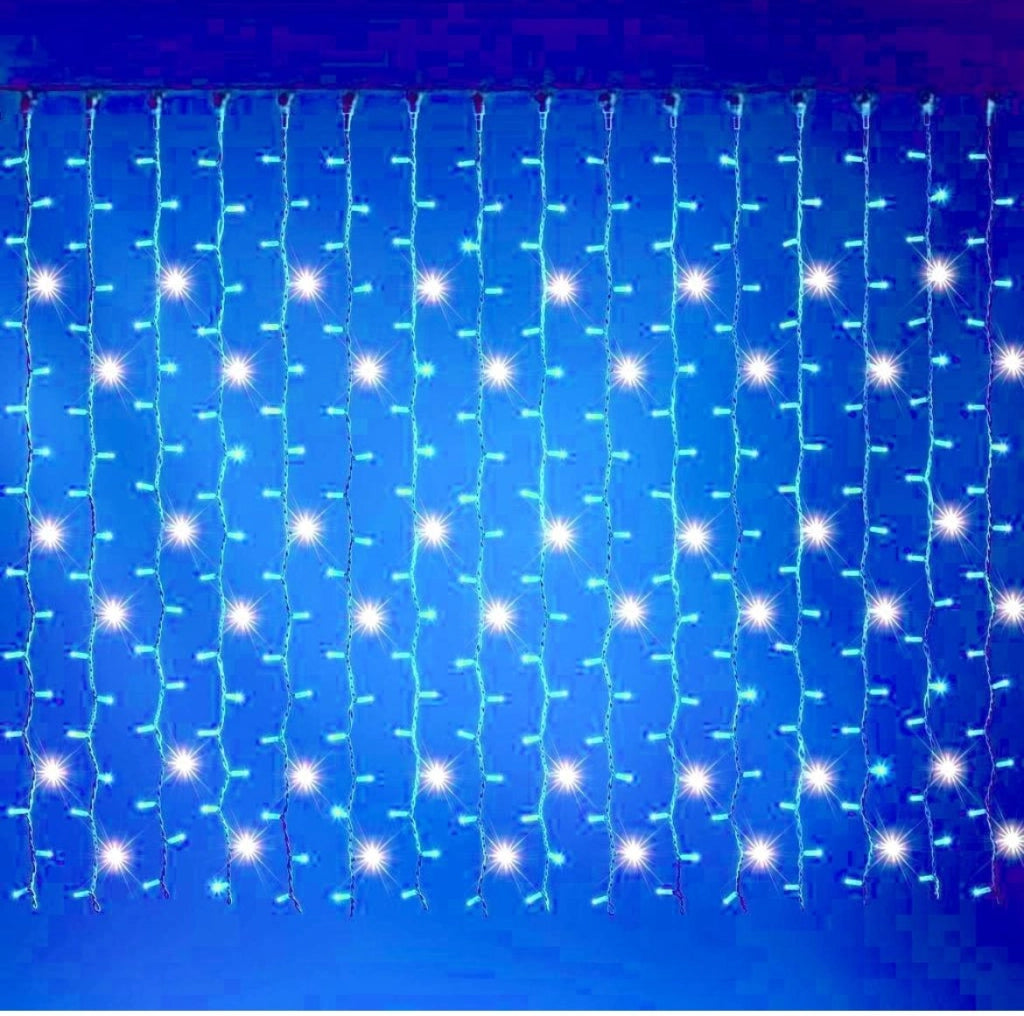 Tenda Luminosa con 240 LED lineare misura 6 metri larghezza e 0,80 cm discesa Natale Luce Blu fissa e Flash Bianco Freddo luci natalizie da esterno