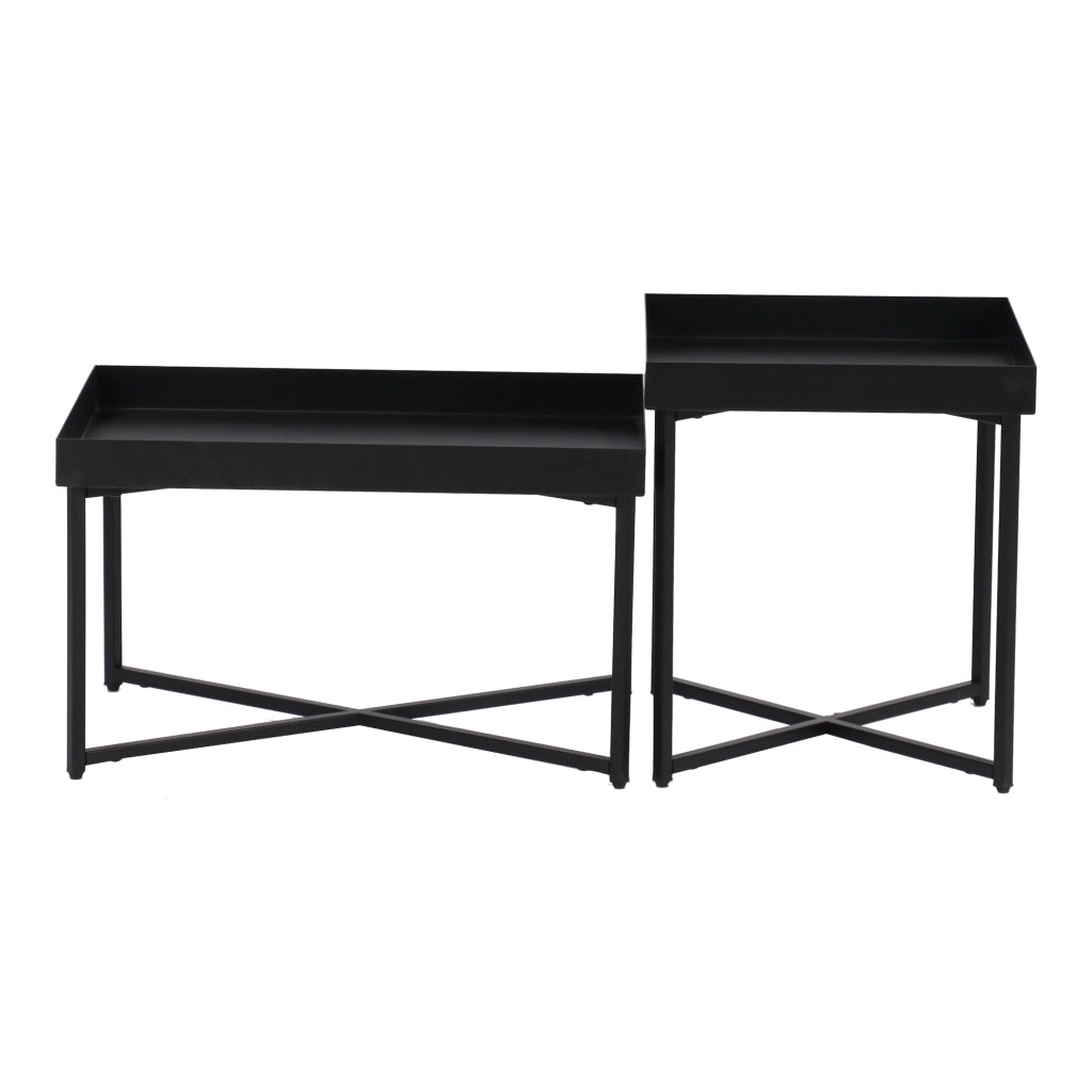 Set di 2 Tavolini 'Heinola' in Misure Diverse - Tavolini Bassi in Acciaio con Gambe a Croce e Piano con Bordi Laterali - Nero Opaco [en.casa]
