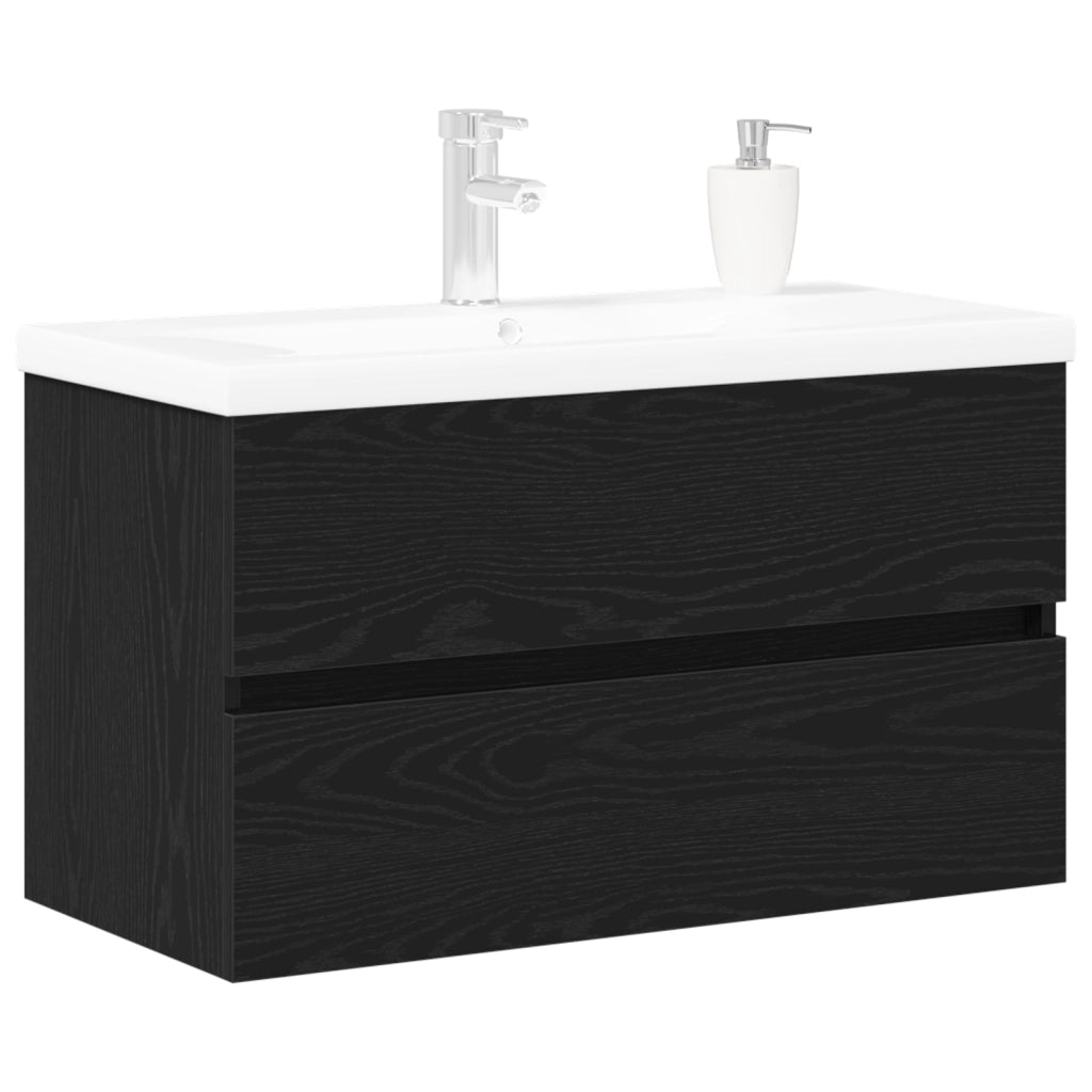 Mobiletto per Lavandino  con Lavabo Integrato Rovere Nero Legno Ingegnerizzato