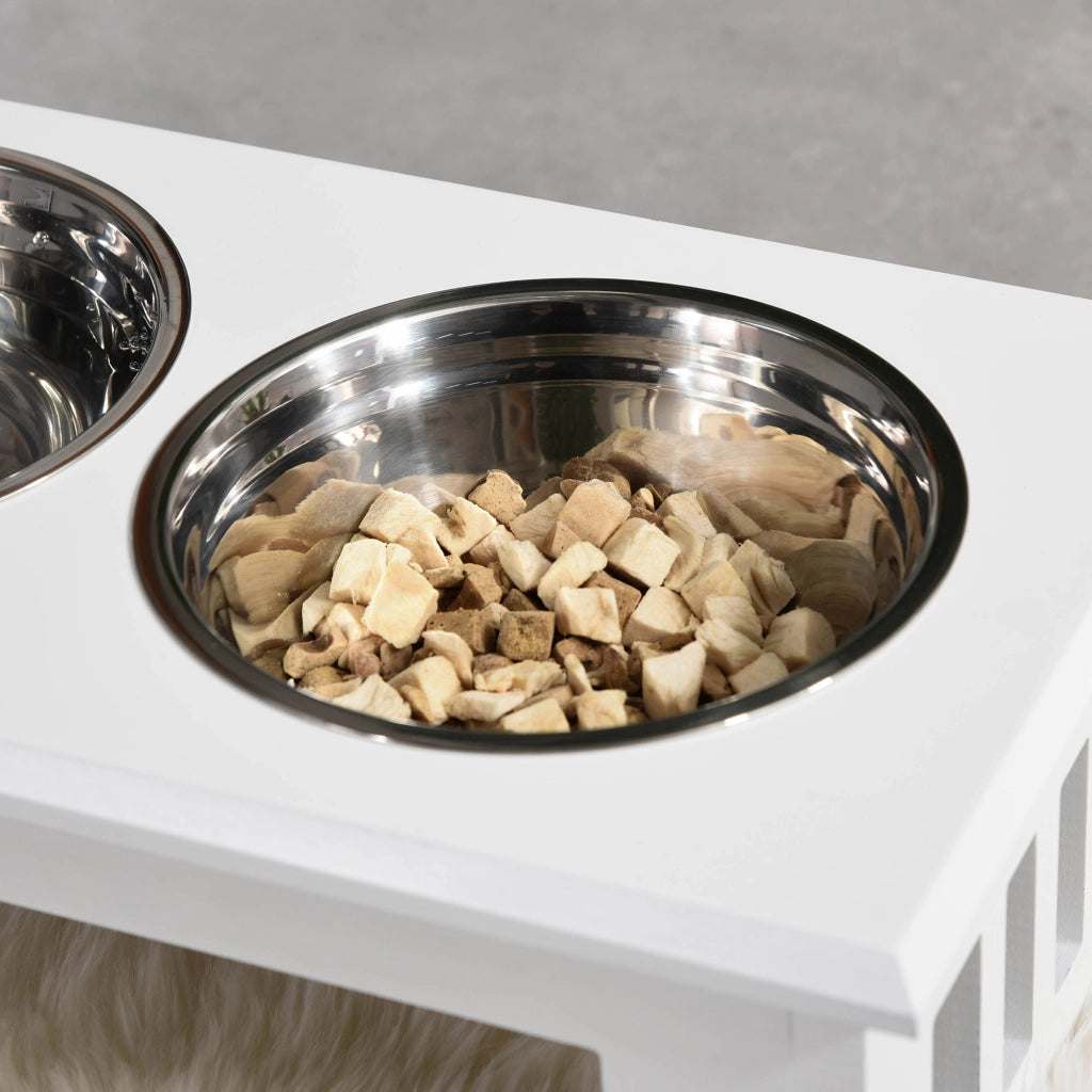 Stazione di alimentazione rialzata per cani con 2 ciotole in acciaio inox, 58,4 x 30,5 x 25,4 cm, MDF, bianco