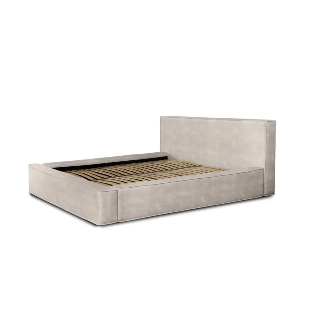 Letto contenitore VELORA - Sabbia - 140x200 cm - Tessuto velluto morbido - Rete sollevabile - Contenitore integrato