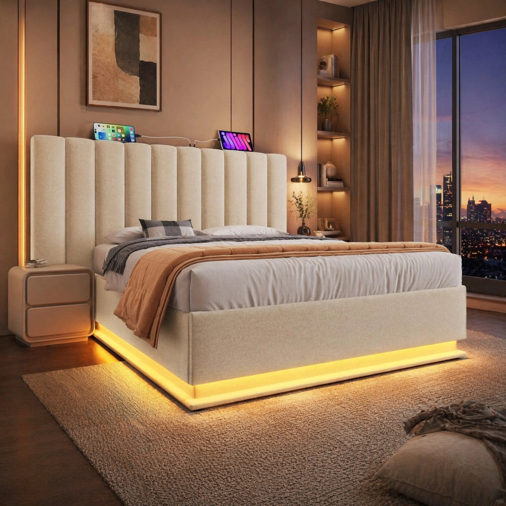 Letto contenitore beige 160x200 cm con LED e ricarica USB-C
