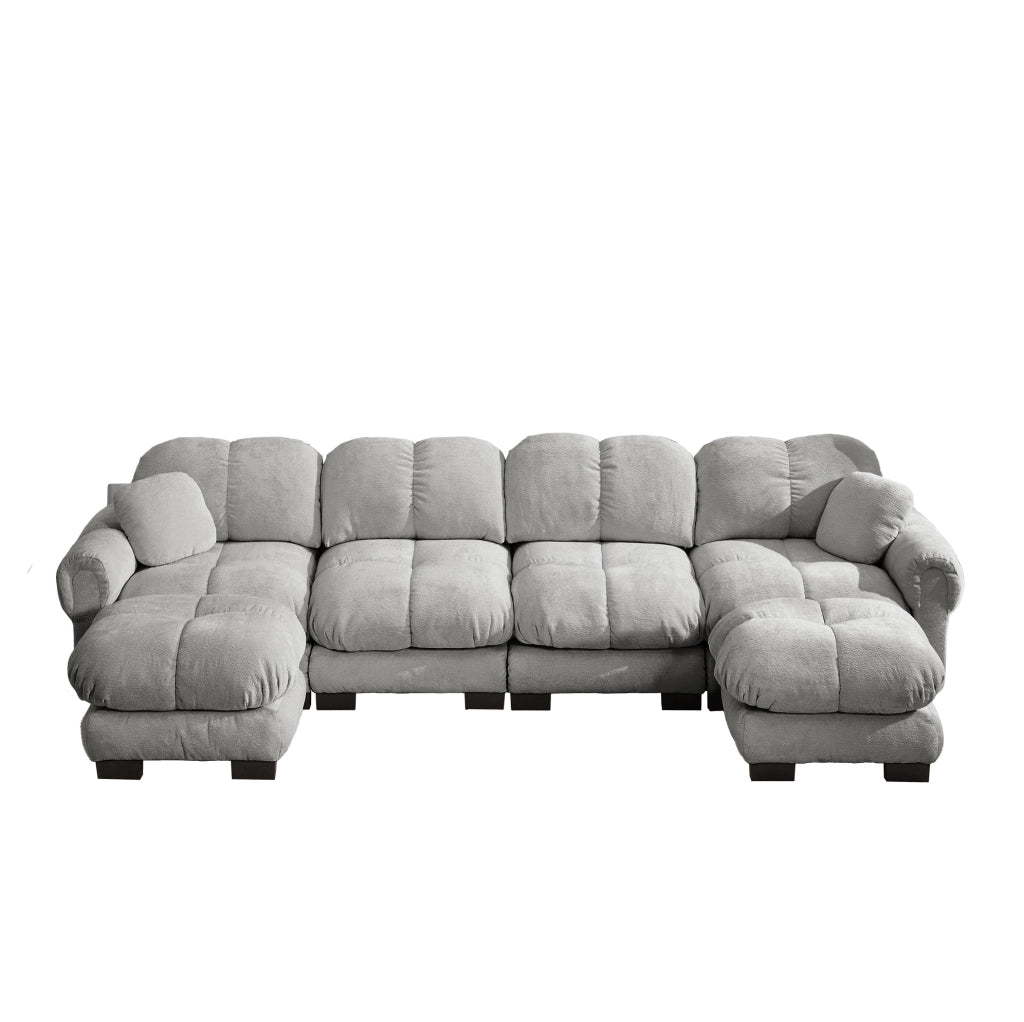 Divano modulare angolare a U 330x149x90 cm in ciniglia con pouf mobili; grigio chiaro