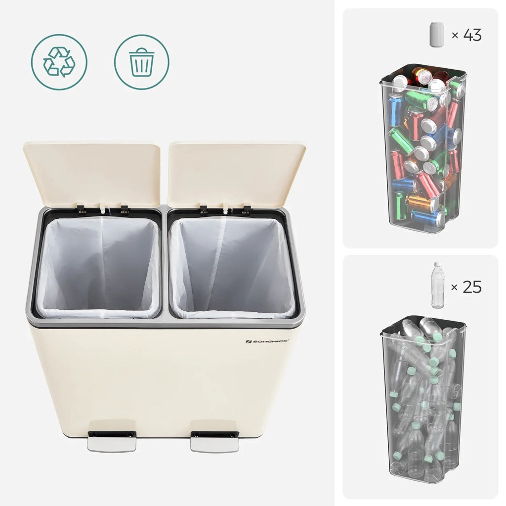 Pattumiera a 2 pedali con doppio scomparto 2 x 30 litri acciaio inox anti-impronta secchio interno in plastica con manico bianco 12_0007158