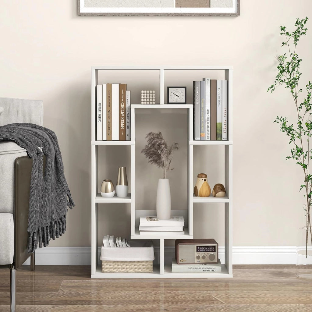 Libreria a 7 cubi bianca, moderna libreria rettangolare autoportante in legno con kit anti-ribaltamento, scaffale in legno, organizer a cubo aperto, espositore per soggiorno, camera dei