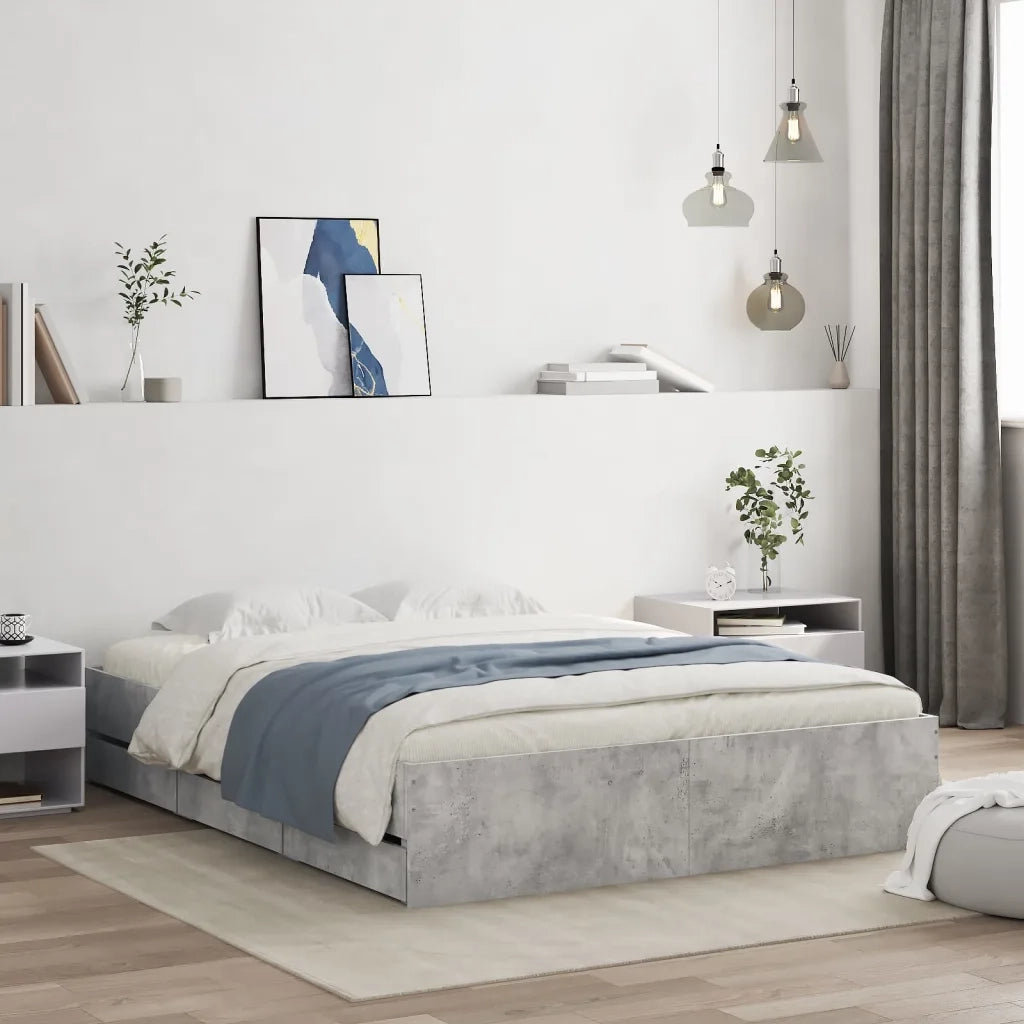 Letto matrimoniale | Letto per adulti | Giroletto Cassetti Grigio Cemento 140x190 cm Legno Multistrato