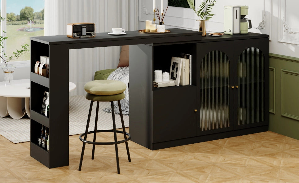 Bartisch mit 360° Drehfunktion aus MDF, 120 x 40 x 97 cm, moderner schwarzer Ess- und Barschrank mit Glasfront