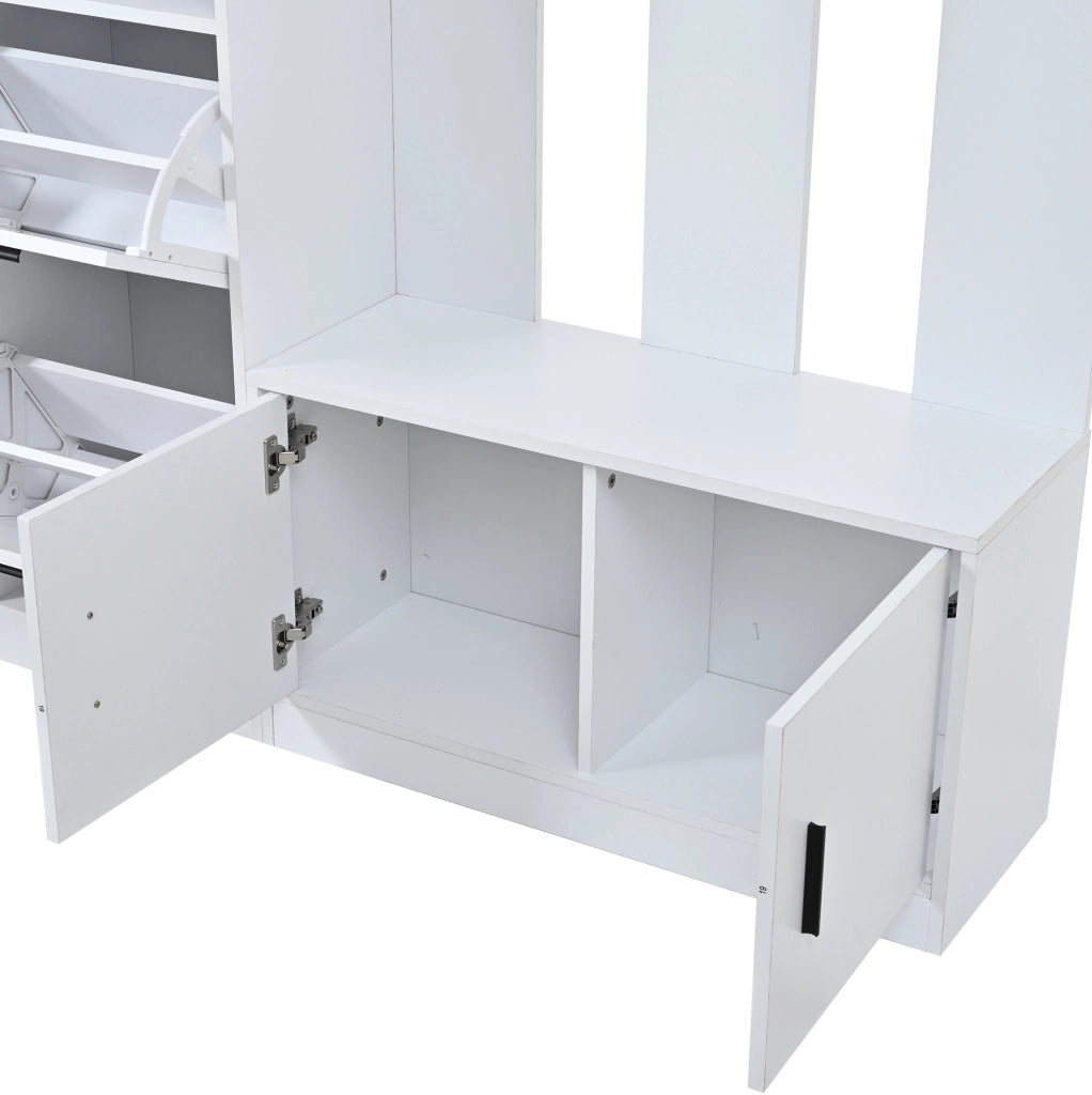 Mobile ingresso 120x30x180 cm con specchio; scarpiera e panca in MDF bianco