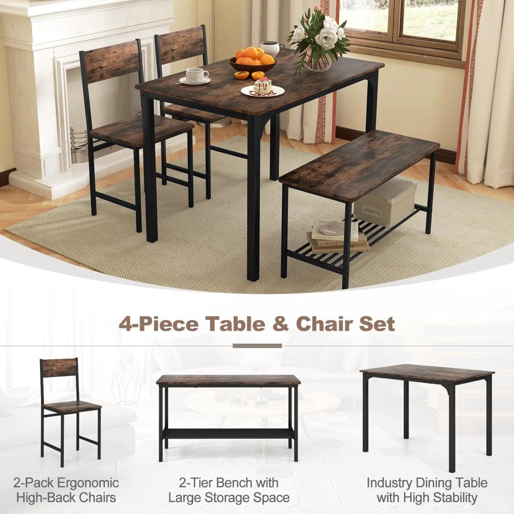 Set di tavolo da pranzo per 4, tavolo da cucina con 2 sedie e 1 panca, set da pranzo industriale con struttura in metallo e scaffale, set da pranzo moderno e funzionale (caffè)