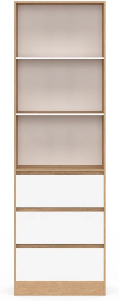 CARLA Libreria a 3 livelli con 3 cassetti bianchi ed effetto legno H.190 cm