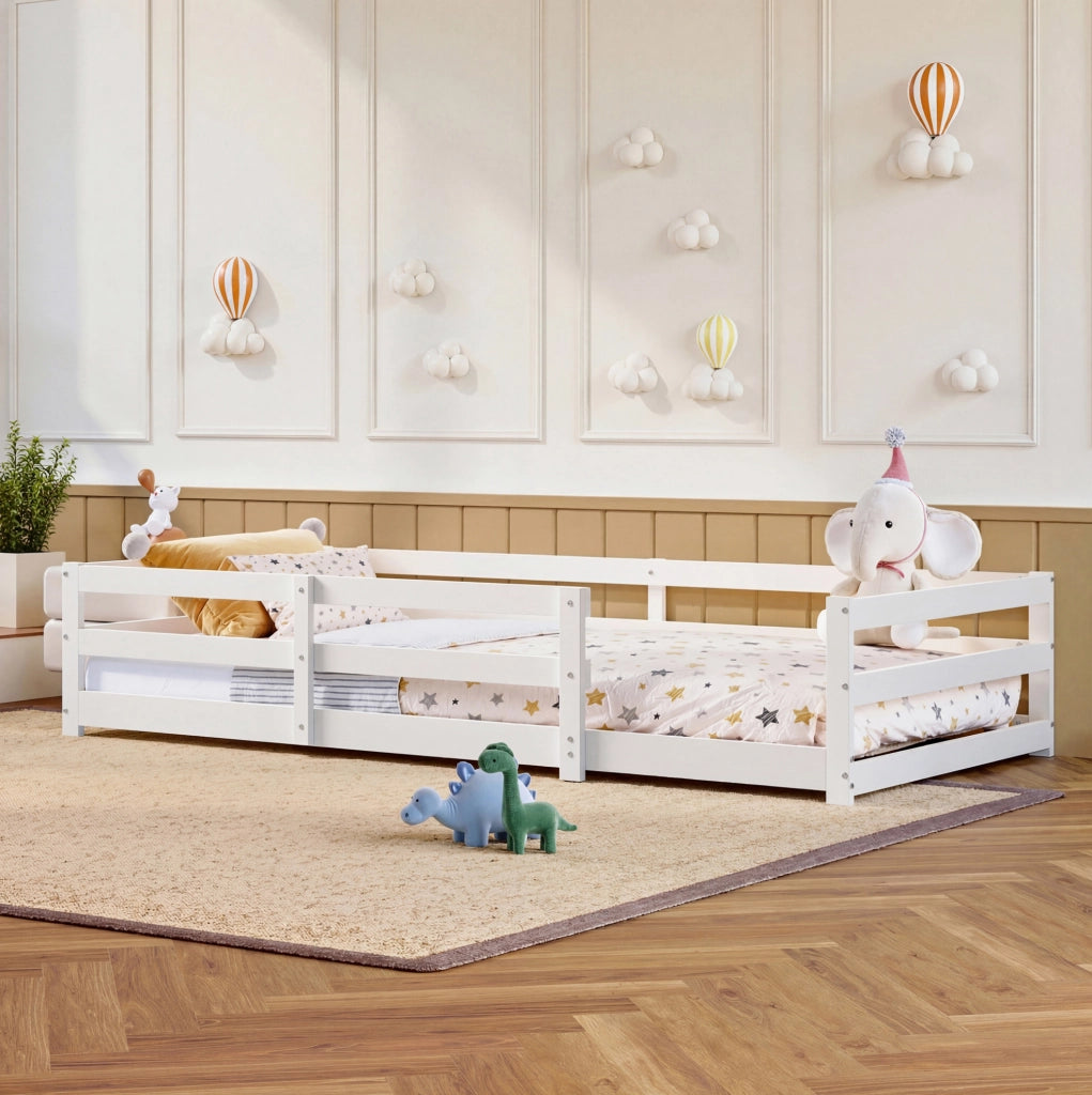 Letto Montessori per bambini in legno di pino 90x200 cm con barriera bianca