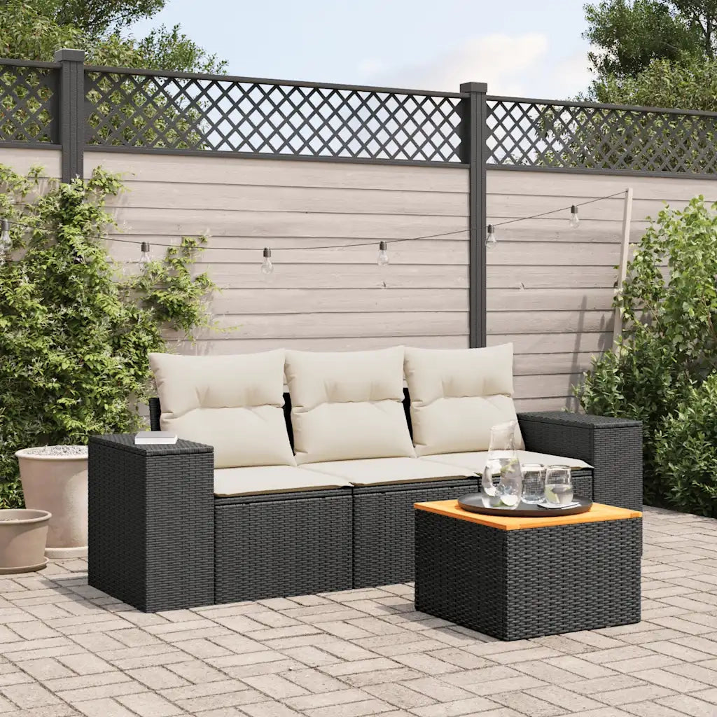 Set Divani da Giardino 4 pz | Set Salotto da Giardino con Cuscini Nero in Polyrattan