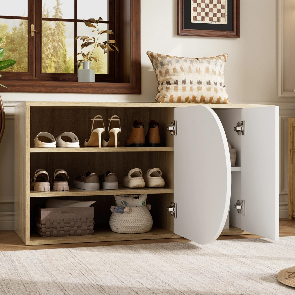 Scarpiera moderna in stile francese, bianco lucido e effetto legno naturale, con 1 gancio laterale, 104 ¡Á 37 ¡Á 50 cm