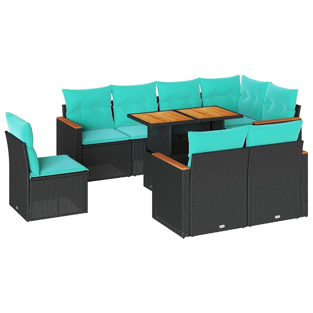 Set Divani da Giardino 9 pz con Cuscini Nero in Polyrattan
