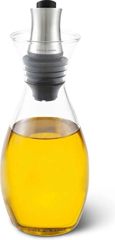 Olio o aceto da tavolo grande con imbuto in vetro e stopper in silicone 21 cm