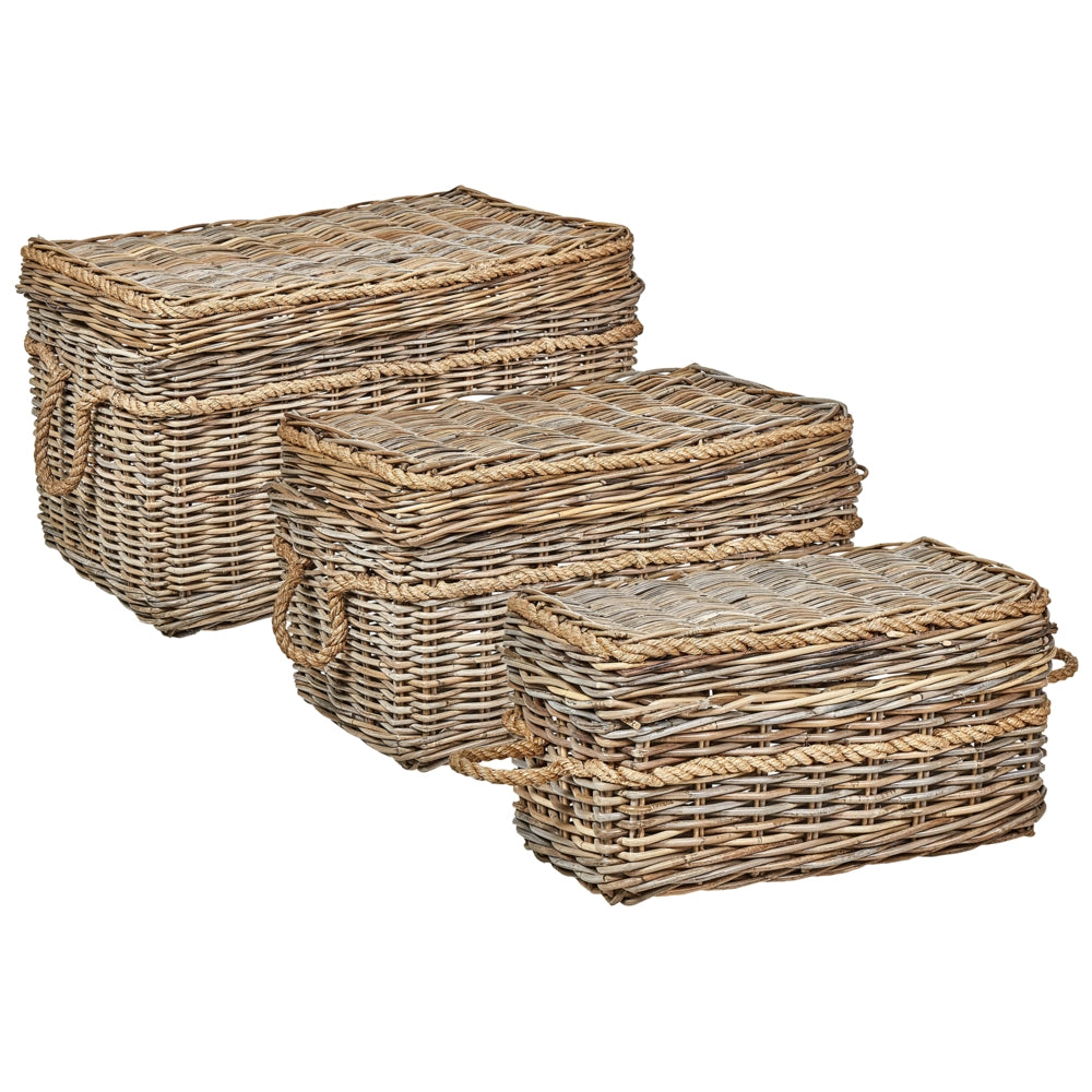 Set di 3 scatole in rattan con telaio in mogano, manici in corda e coperchi fatti a mano in stile boho soggiorno camera da letto