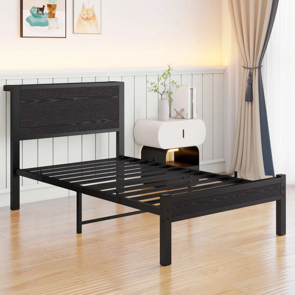 Letto singolo 90 × 200 cm con contenitore sottoletto, struttura in metallo e MDF, senza materasso, nero