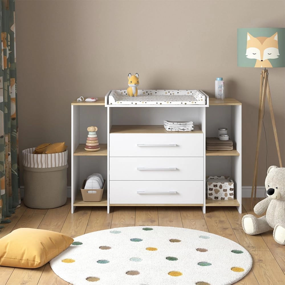 Fasciatoio Oskar, Rovere bianco/dorato, 143.2 x 93 cm con 3 cassetti, adatto come fasciatoio con area di appoggio estensibile