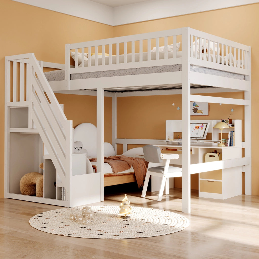 Letto in legno 140x200 con scala contenitore e sponde alte
