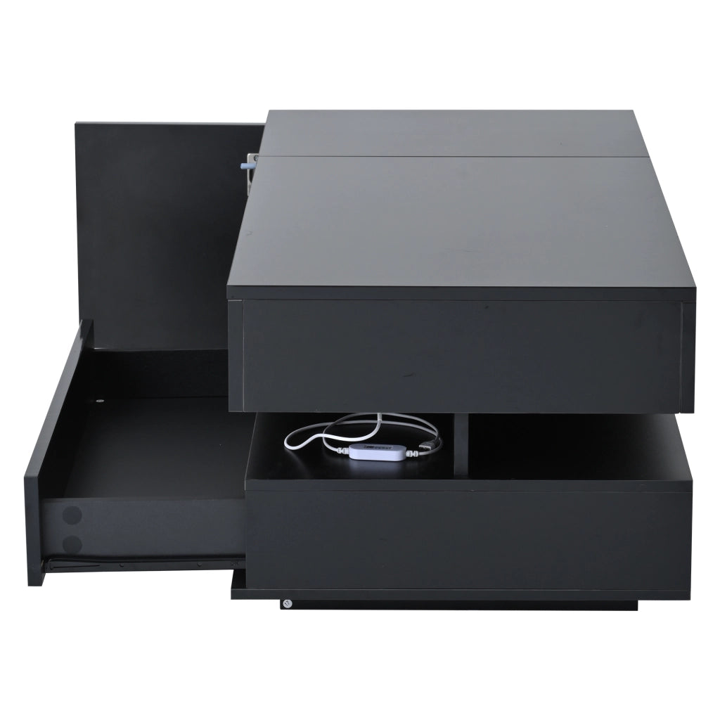 Tavolino da salotto alzabile con 1 Cassetto; 1 Anta; vano semiaperto e LED; Nero lucido; 95×50×40 cm