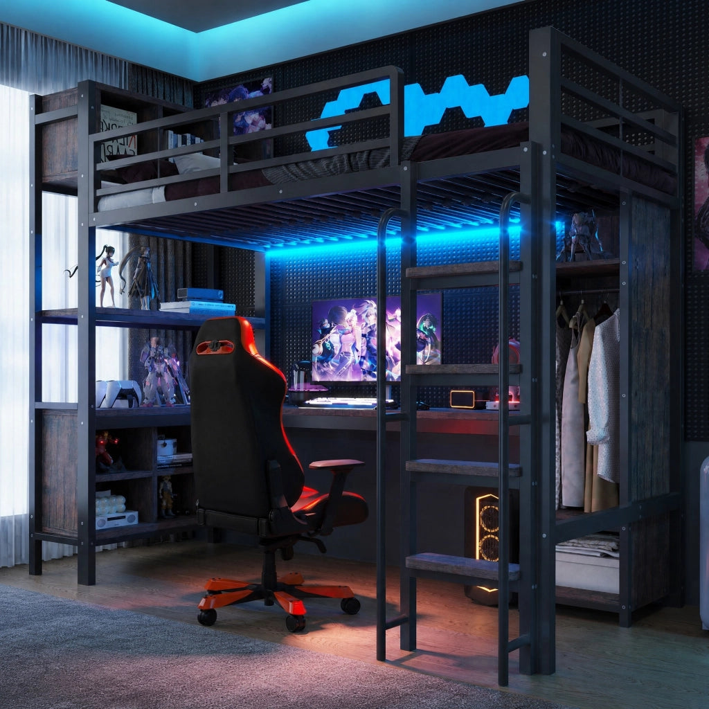 Letto a soppalco singolo 90 × 200 cm con scrivania, armadio, prese e led, senza materasso, metallo nero