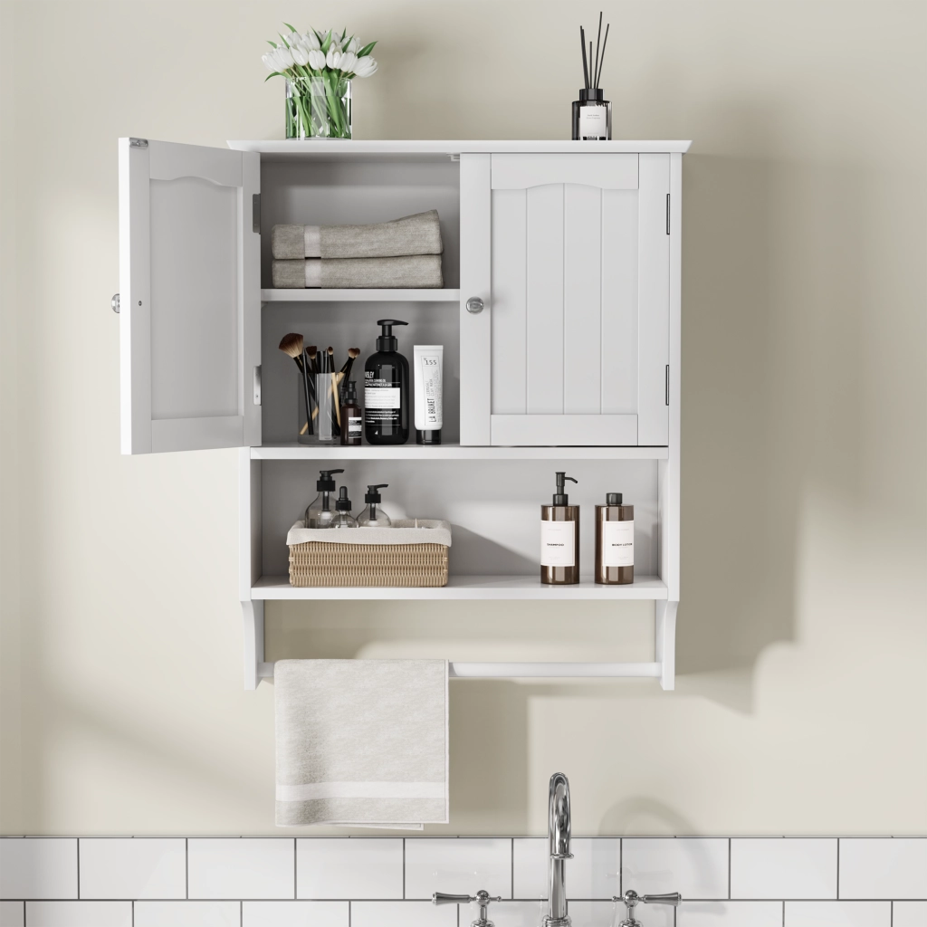 Armadietto da bagno con 1 anta, ripiani regolabili e portasciugamani, per bagno, in MDF, bianco, 56.8 × 19 × 70 cm
