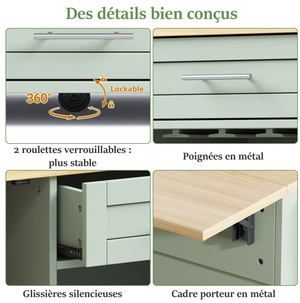 Carrello cucina con piano estraibile 138x45(70)x92 cm; in MDF verde antico
