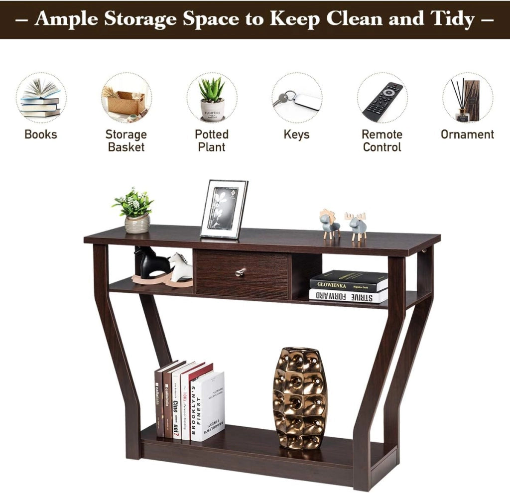 Tavolo Consolle Legno, a 3 Ripiani, Stretto e Compatto, Cassetto con Manico, Console per Soggiorno, Salotto, Ingresso, Portata di 60 kg, 120x30x81cm, 3 Colori (Marrone)