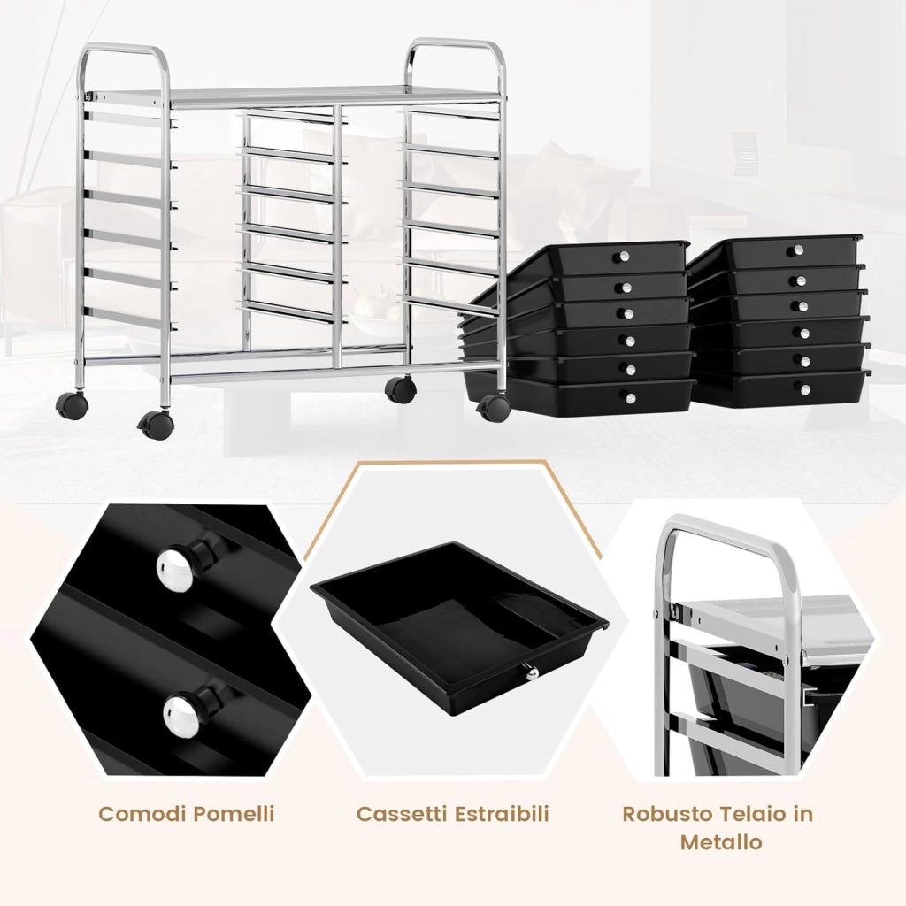 Carrello di Stoccaggio con 12 Cassetti, Carrello portaoggetti con 4 Ruote, Carrello Multiuso per Scuola Ufficio Cucina, 64 x 38 x 62 cm (12 cassetti Nero)