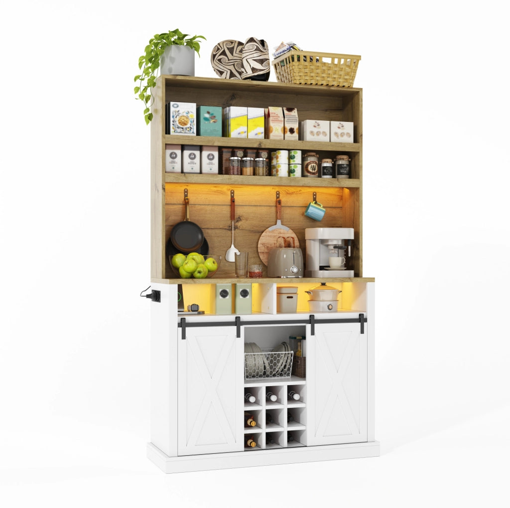 Credenza alta 110x40x191 cm con vetrina; prese USB e LED in MDF naturale e bianco