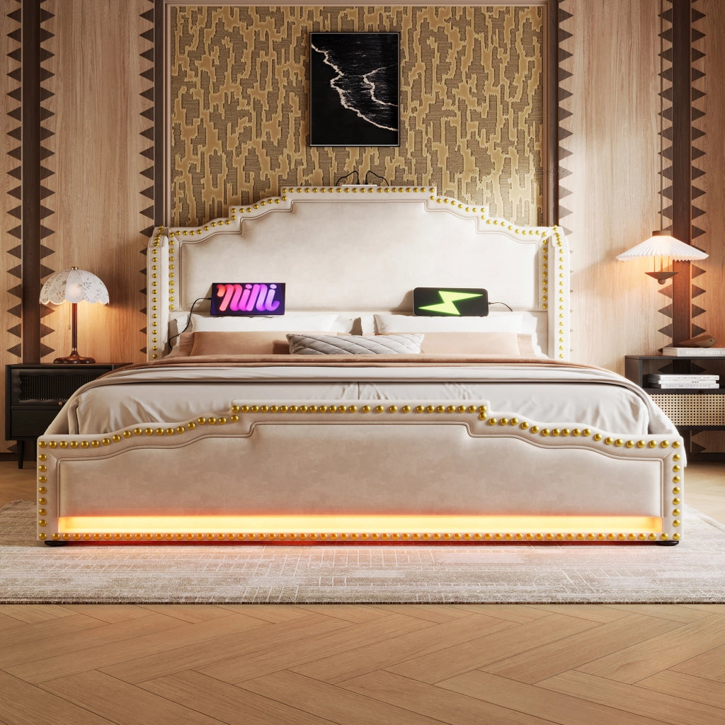 OKWISH Letto con Cassetti 140×200 cm, Letto Matrimoniale con 4 Cassetti, LED Regolabile e USB e Tipo C, senza Materasso, Velluto, Beige