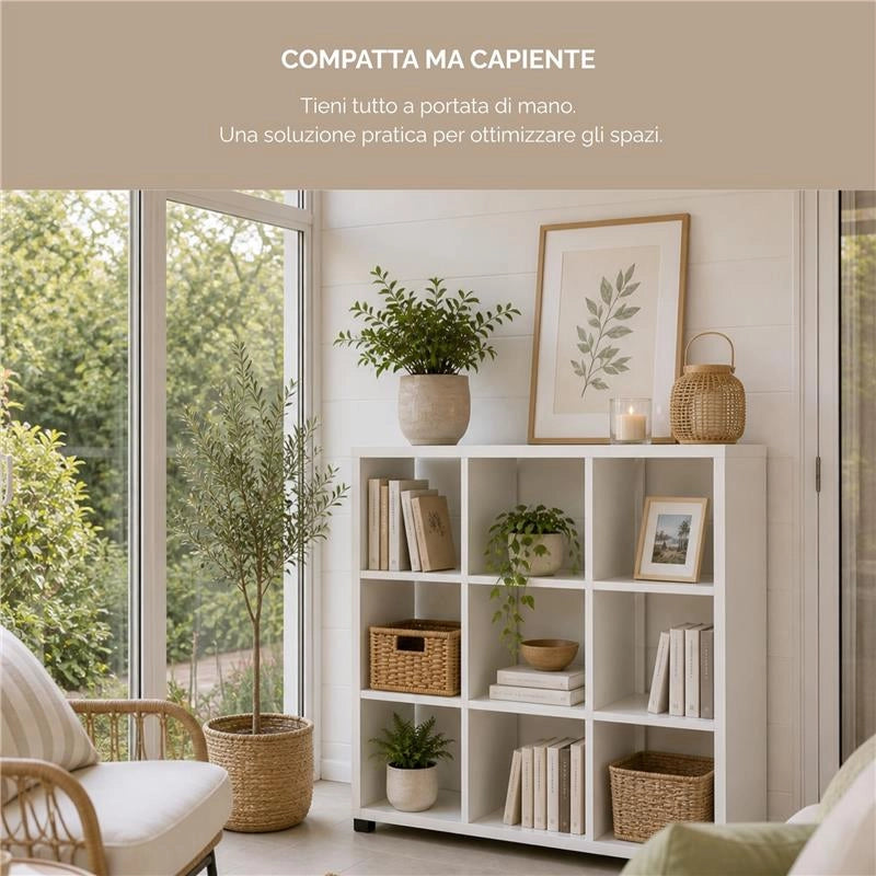 LIBRERIA CUBICA IN LEGNO BIANCO MODERNA CON 9 RIPIANI DIMENSIONI  90X24X99 CM
