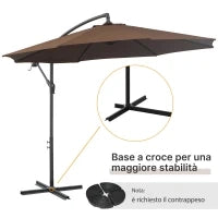Ombrellone Decentrato Ø3x2.5 m con Base a Croce e Manovella, in Acciaio e Poliestere color Caffè