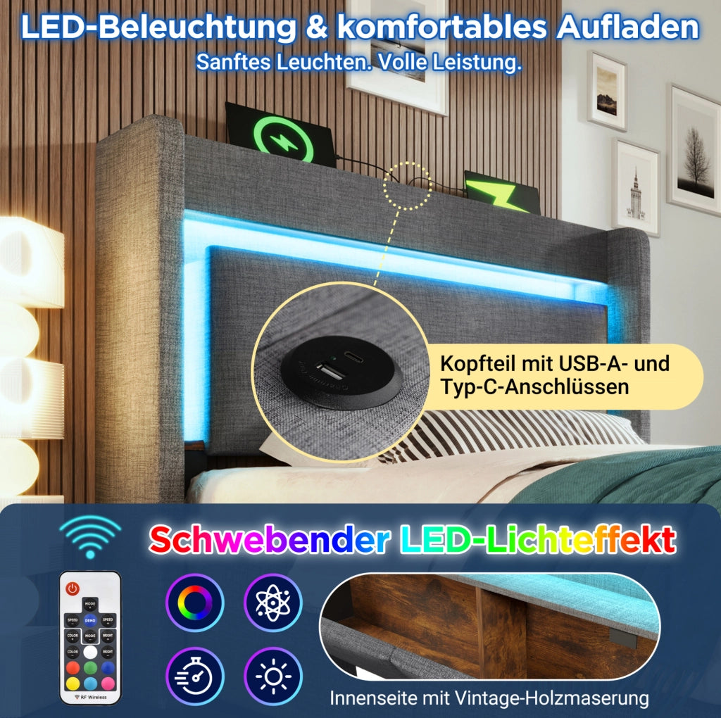 Letto imbottito 90x200 cm con contenitore idraulico; LED; USB/USB-C e materasso; grigio in lino