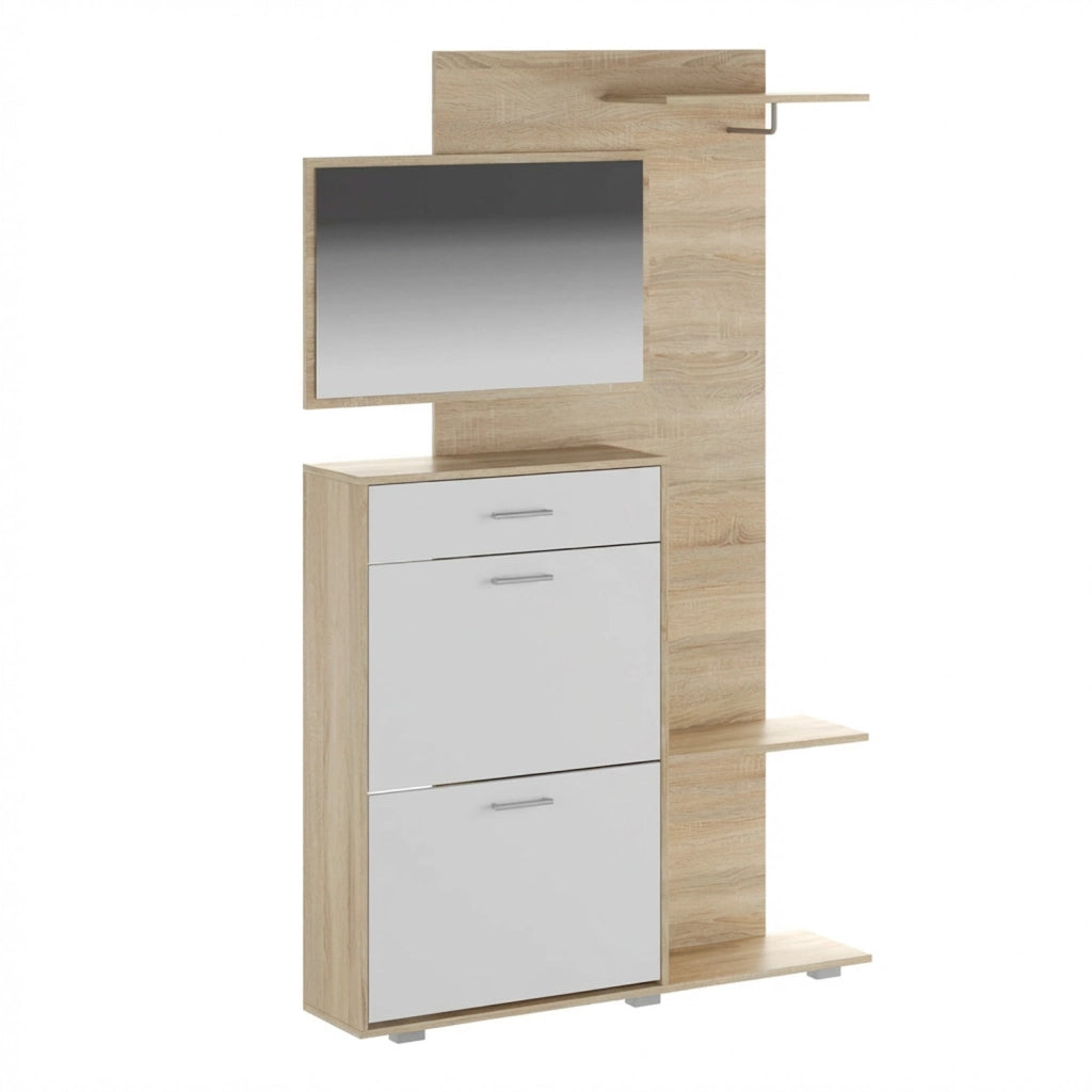 Ingresso Scarpiera Con Specchio 2 Ante A Ribalta Cassetto Appendiabiti E Mensola Mobile Salvaspazio Moderno Per Ingresso Corridoio Stile Nordico 192 X 120 X 24.5 Cm Rovere E Bianco