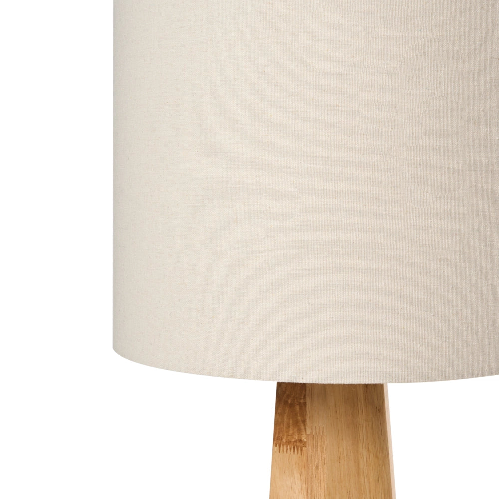 Lampada da terra moderna con paralume a tamburo in tessuto di lino e legno di gomma naturale