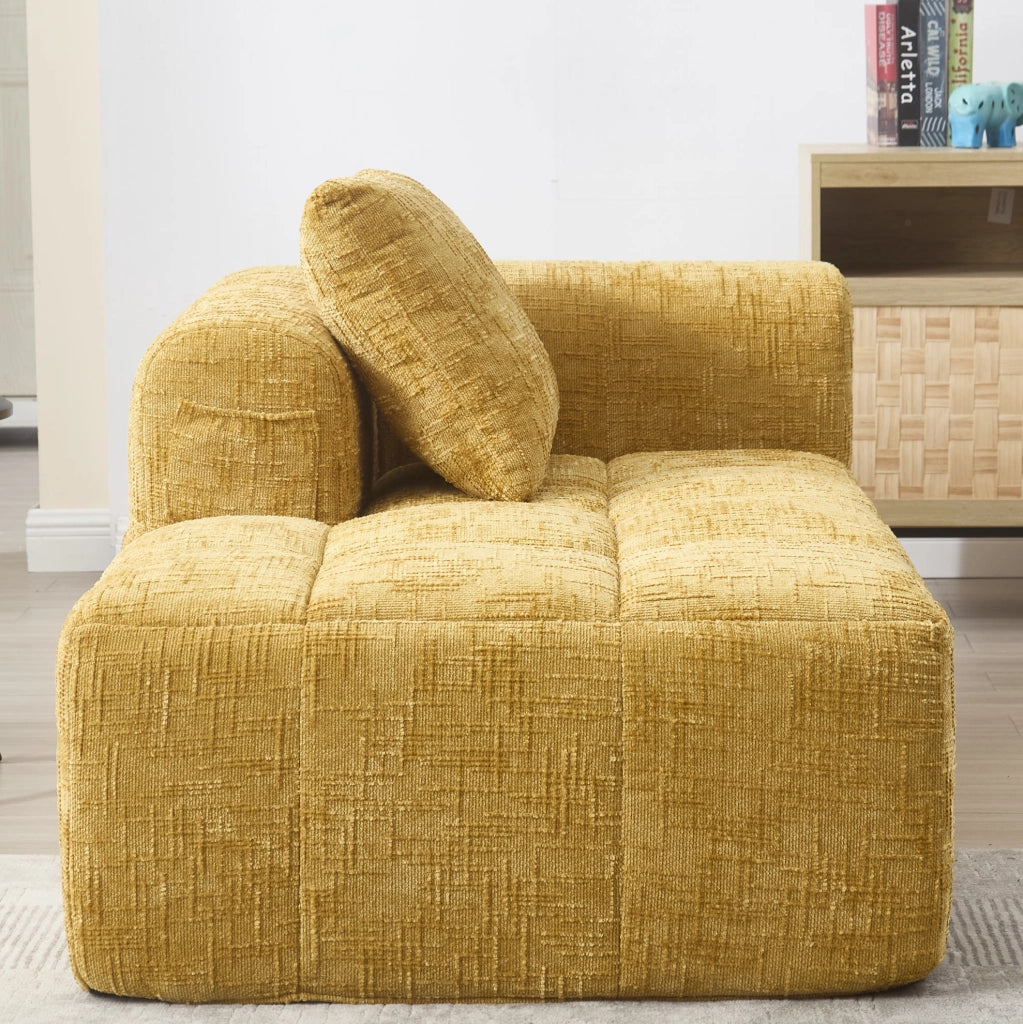 Divano chaise longue giallo in ciniglia con tasche laterali