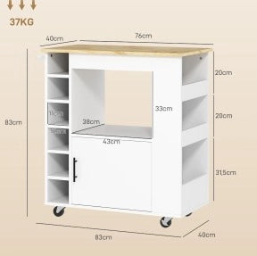 Carrello da cucina con piano in legno, ripiani e portabottiglie
