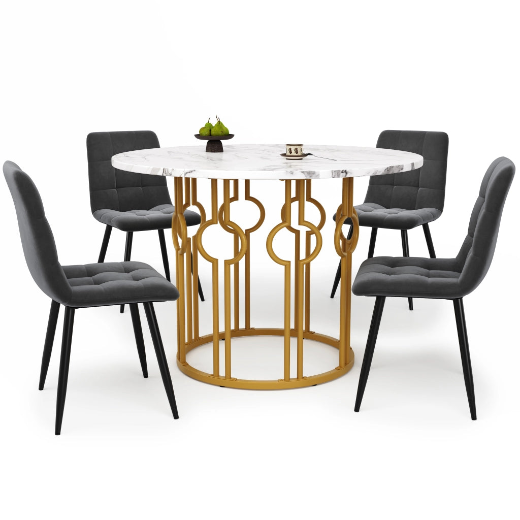 Tavolo da pranzo rotondo con 4 sedie in velluto, piano in MDF effetto marmo, base in metallo, per cucina e sala da pranzo, 100 × 100 × 76 cm